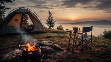 Coffee pot on camping fire, tent, folding chair table. Morning mist view background of campfire. - obrazy, fototapety, plakaty