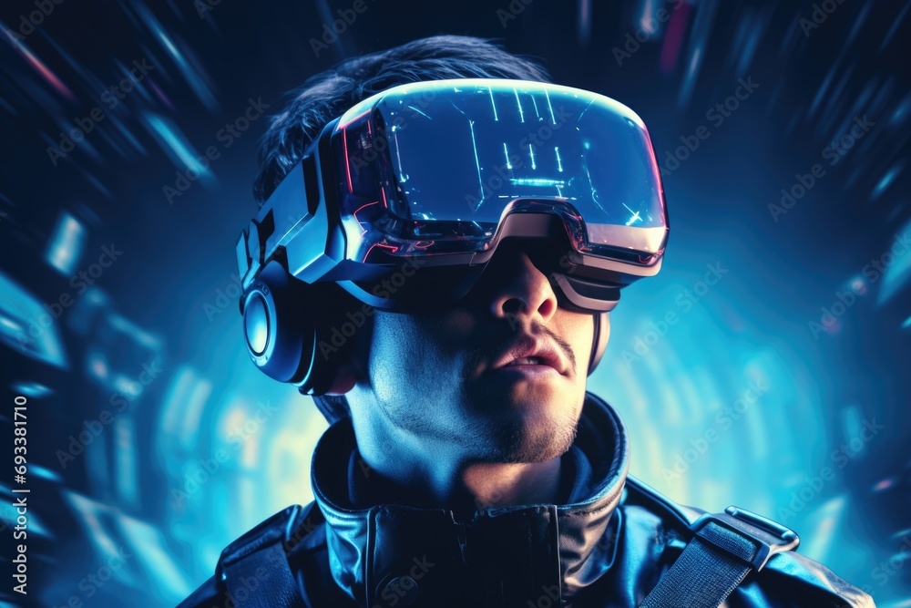 Poster A man is pictured wearing a virtual reality headset. This image can be used to illustrate the concept of virtual reality technology and its applications