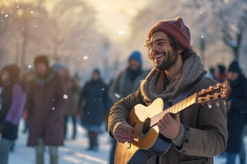 A man playing a guitar in a snowy landscape. Perfect for winter-themed projects or music-related designs - obrazy, fototapety, plakaty