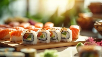 Fotobehang Delicious gourmet sushi in maki rolls and california rolls form © nanihta