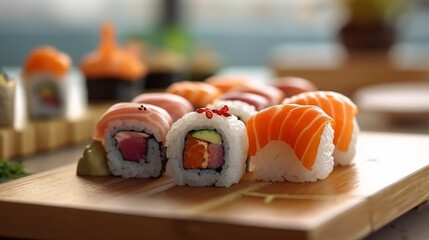 Delicious gourmet sushi in maki rolls and california rolls form