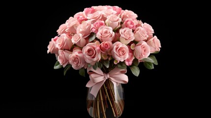 Bouquet of pink roses in vase with satin ribbon. Event decoration and gift.