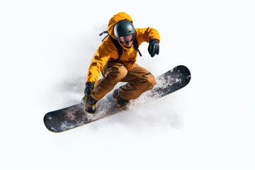 A man riding a snowboard down a snow covered slope. Perfect for winter sports or adventure themed projects
