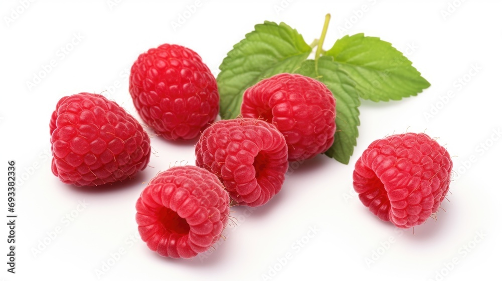 Poster raspberries with leaves placed on a clean white surface. suitable for food and beverage related proj
