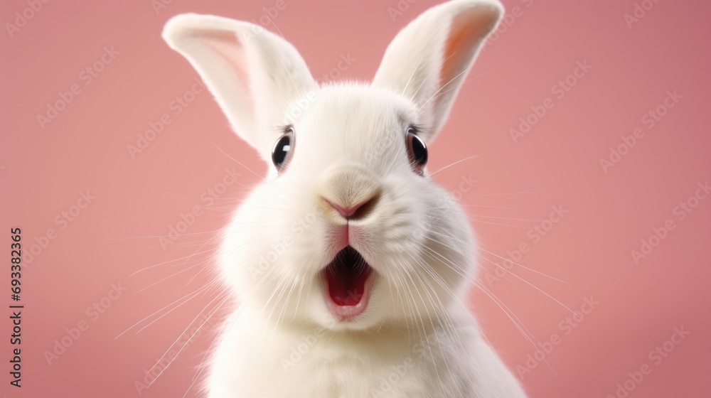 Poster a detailed close-up image of a white rabbit with its mouth open, showing its teeth. suitable for ill