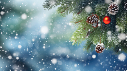 Winter Christmas Background: Snowy Pine Tree with Festive Decorations and Baubles