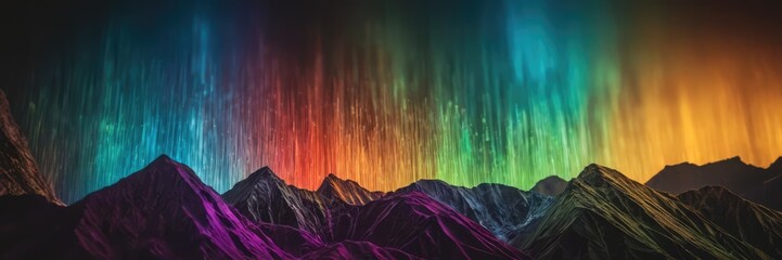 Mountains in multicolored light from which come colorful pillars of light.