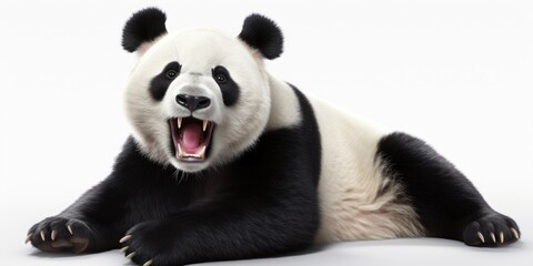 A black and white panda is seen laying down with its mouth open. This image can be used to depict relaxation or wildlife photography