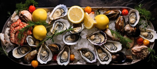 Fototapeta na wymiar Seafood platter with Venus verrucosa, oysters, and hairy mussels served alongside lemons. Puglia cuisine.
