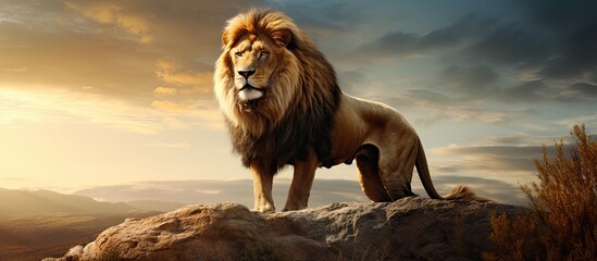 Majestic lion perched on hill. - obrazy, fototapety, plakaty