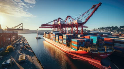 Fotobehang  Photo logistics and transportation of container cargo ship and cargo plane with working crane bridge in shipyard © ณิชพน สุขเกษม