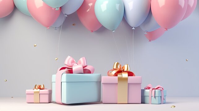 New year 3d with gift boxes and balloon minimal background pastel color 