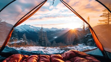POV from a camping tent scenic view of the mountains in the winter. Relax with nature