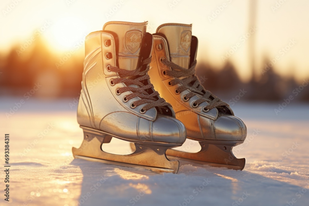 Sticker Ice skates sitting in the snow, perfect for winter sports or holiday-themed projects