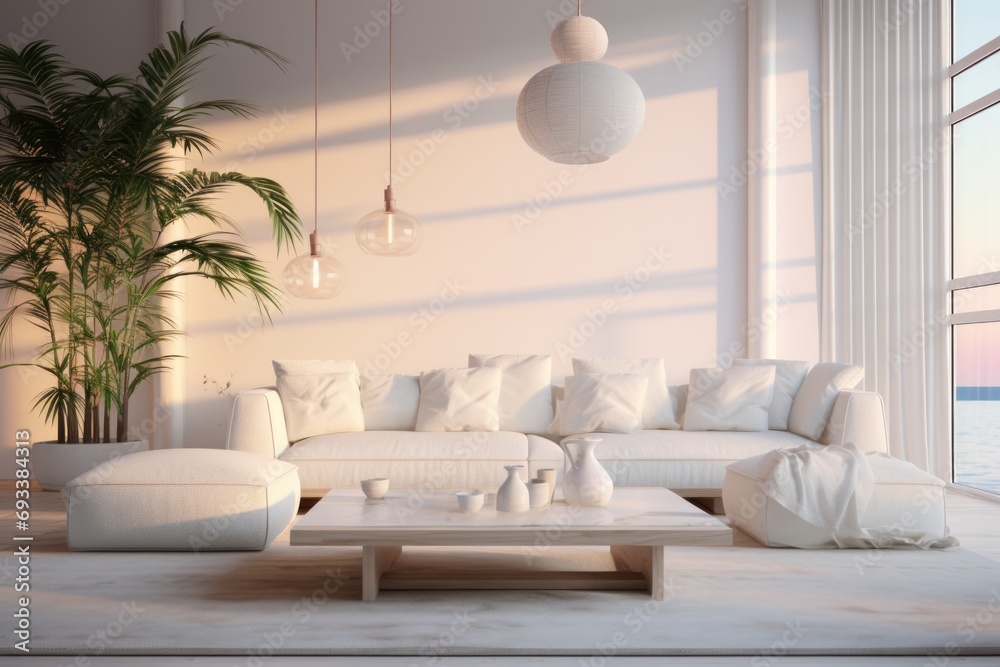 Poster a simple and elegant living room with a white couch and a table. perfect for showcasing modern furni