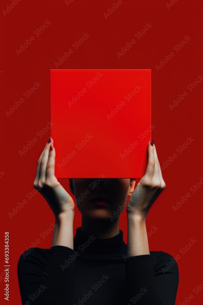 Poster A woman holding a red square in front of her face. This versatile image can be used in various contexts