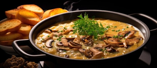German-style porcini mushroom soup with pretzel dumpling and fried potato chips served in a top-view iron pan.