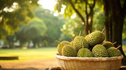 Durian fruit with blur durian plantation background.generative ai