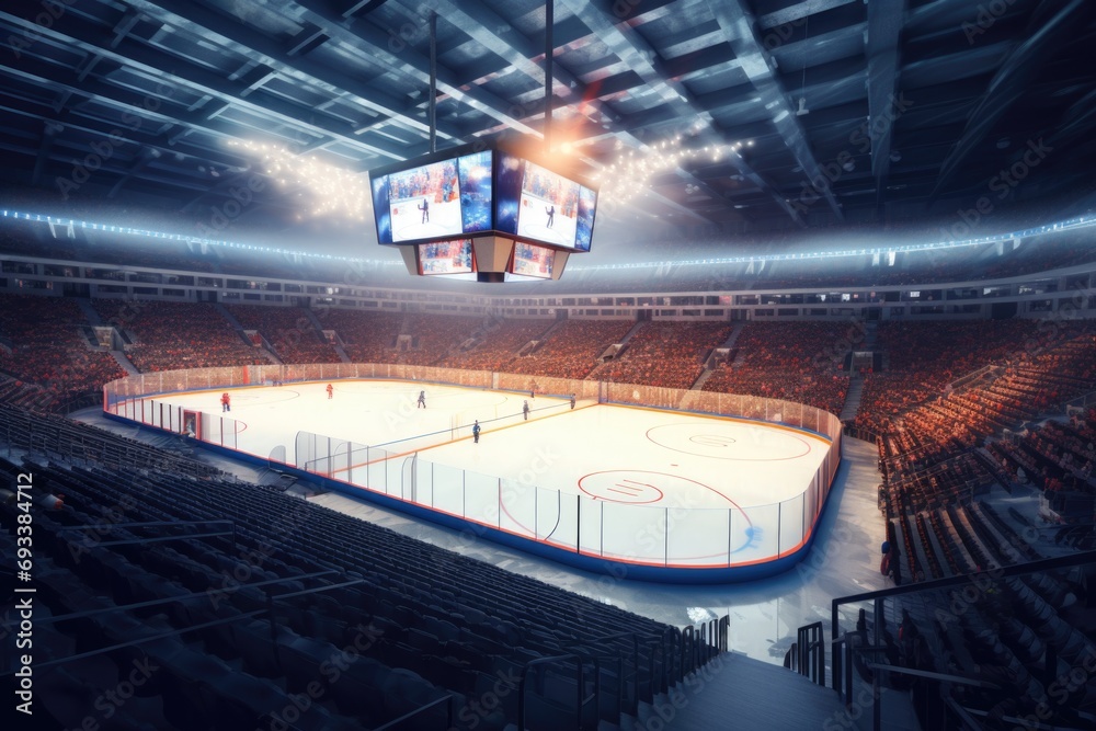 Poster an empty hockey stadium featuring a large screen. perfect for sports-related designs and concepts