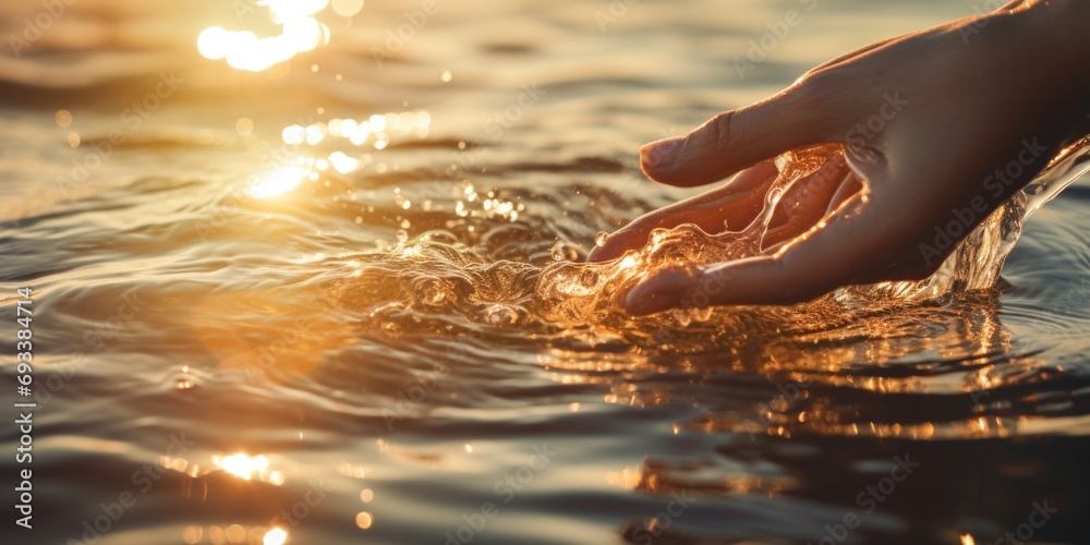 Poster A person's hand is extended out into the water. This image can be used to depict concepts such as connection, help, support, or reaching for something