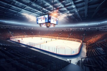 An empty hockey stadium featuring a large screen. Perfect for sports-related designs and concepts