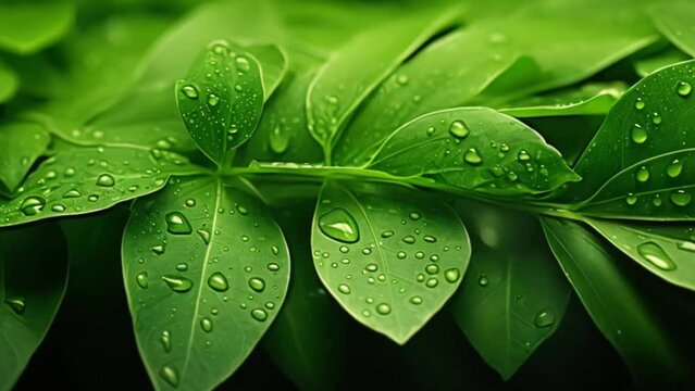 Natural background of green leaves with morning dew water drops