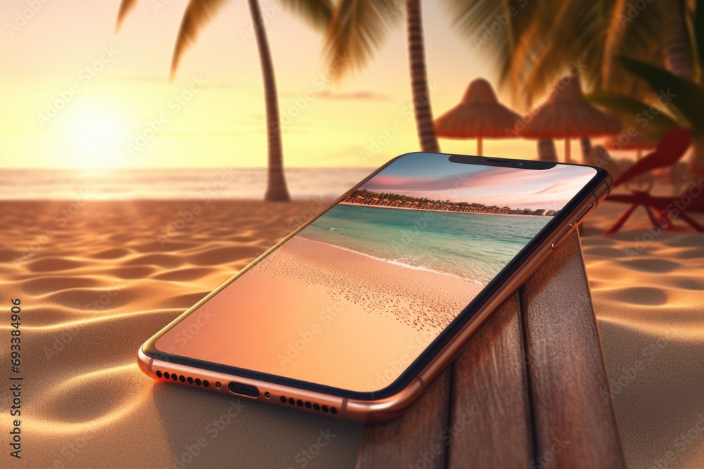 Poster a cell phone placed on a sturdy wooden table. suitable for technology or communication concepts