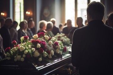 A solemn funeral service taking place in a church. Suitable for memorial or religious purposes - obrazy, fototapety, plakaty
