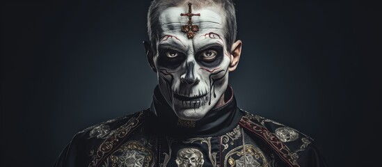 Zombie priest with skull face paint - obrazy, fototapety, plakaty