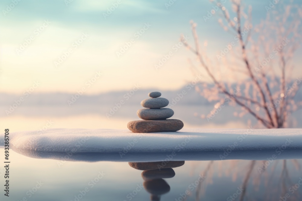Poster a pile of rocks sitting on top of a body of water. this image can be used to depict tranquility and 
