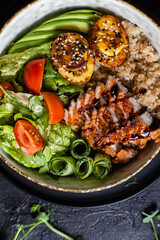 Breakfast in a plate. Poached egg with avocado and lettuce. 