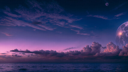 Fototapeta na wymiar Colorful sky with clouds, bright full moon on seascape at night. Calm background. Generative AI.