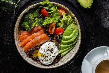 Breakfast in a plate. Poached egg with avocado and lettuce. 