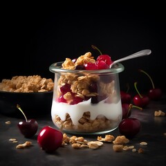 Muesli with cream on black background healthy eating concept