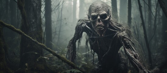 Undead creature strolls in forest. - obrazy, fototapety, plakaty