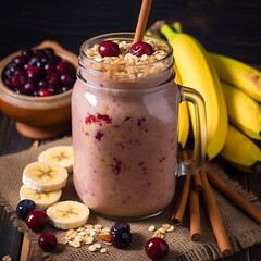 Berry smoothie healthy breakfast cherry bananas cinnamon on wooden table