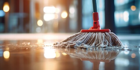 A mop is being used to clean a shiny marble floor, with water droplets glistening under the bright overhead lights - obrazy, fototapety, plakaty