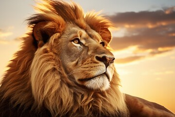 A close-up view of a majestic lion with a stunning sunset in the background. This image captures the beauty and power of the king of the jungle. Perfect for nature enthusiasts and wildlife lovers