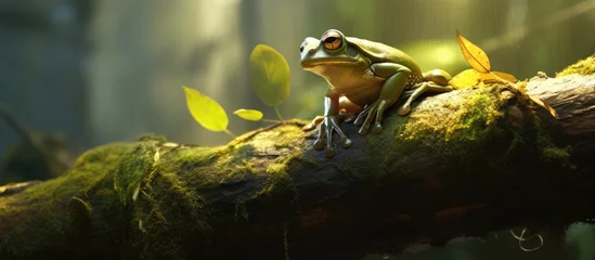 Foto op Canvas A frog resting on a tree branch in Agumbe's dense jungles. © 2rogan