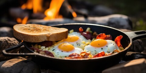 Close-up of a Camping breakfast with bacon on the side and 2 sunny eggs in a cast iron skillet. toast bread next to the skillet