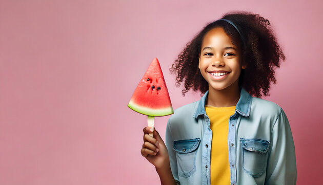 black girl smiling with a watermelon ice cream