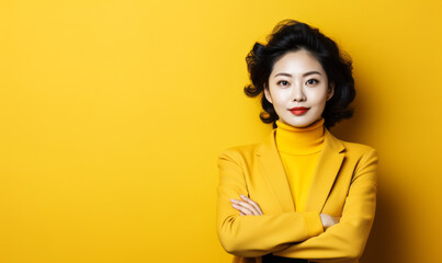 Thoughtful Asian businesswoman in a yellow turtleneck and blazer standing with crossed arms against a matching yellow background, exuding confidence and professionalism - Powered by Adobe
