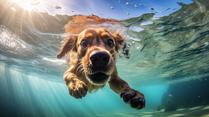 A freediver dog dives in clear water in summer.