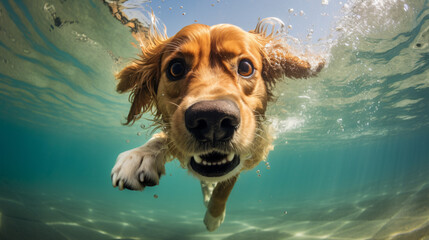 A freediver dog dives in clear water in summer.