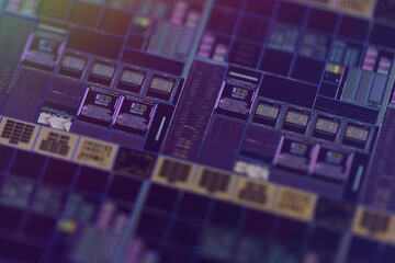 Macro Shot of a Silicon Wafer with Computer Chips during Manufacturing Process at Fab or Foundry....