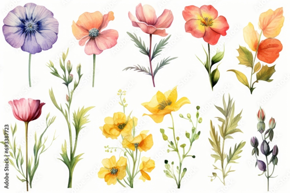 Poster beautiful watercolor painting of a bunch of flowers on a white background. perfect for adding a touc
