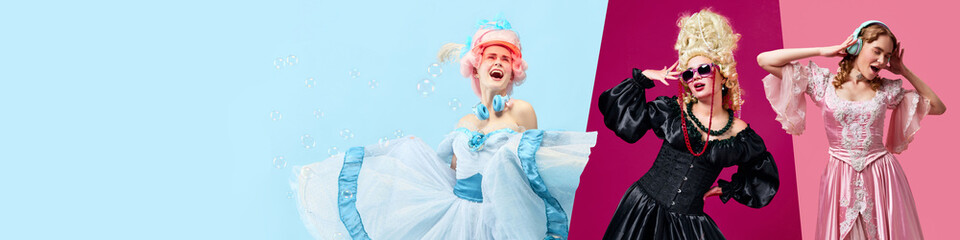 Collage made of beautiful young woman in image of medieval riyal person, queen, princess dancing,...