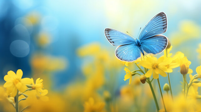 A small blue butterfly on a background of yellow flower