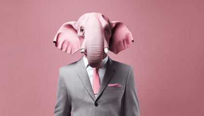 Elephant head with men's business suit on pink background