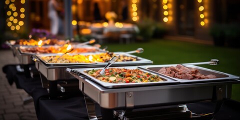 Buffet heated trays in line, catering banquet in hotel,outdoor, evening lights, copy space 
